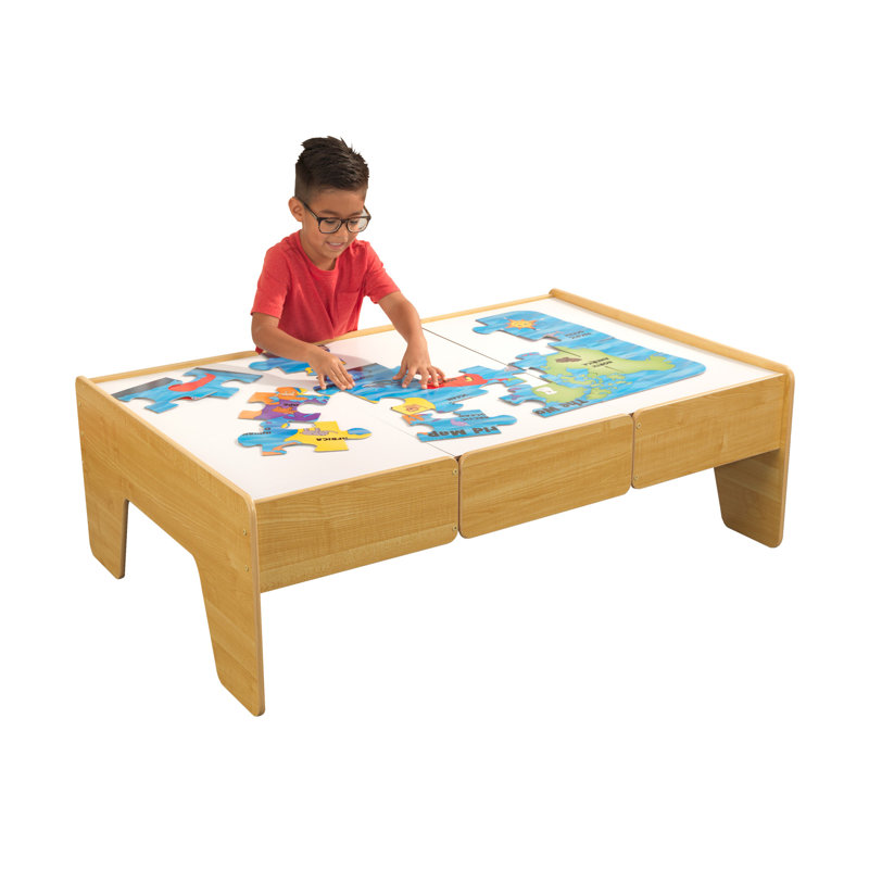 Double Sided Wood Train and Activity Table with Built In Storage Drawer Natural